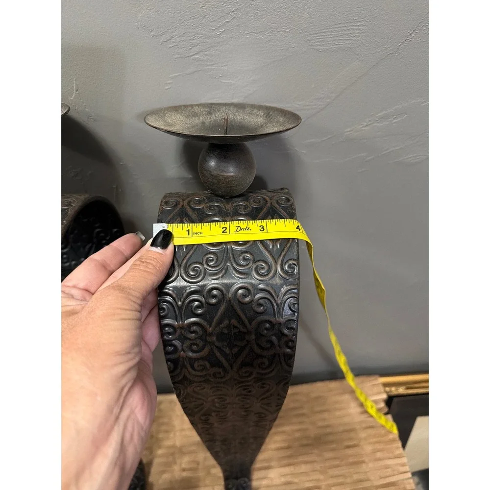 Vintage Bronze Embossed Metal Wall Sconce Pair Scroll Pattern Candle Holders 20